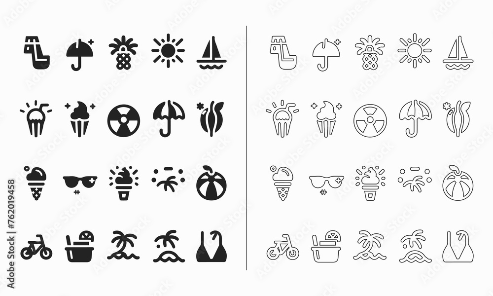 Summer icon set in fill and outline style