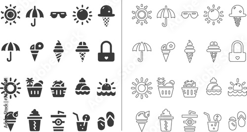Summer icon set in fill and outline style