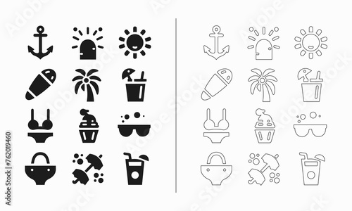 Summer icon set in fill and outline style