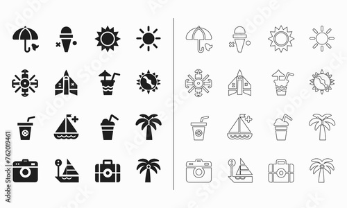 Summer icon set in fill and outline style