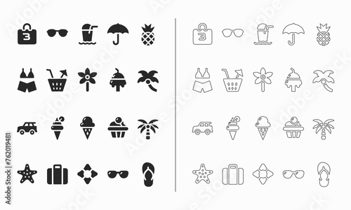 Summer icon set in fill and outline style