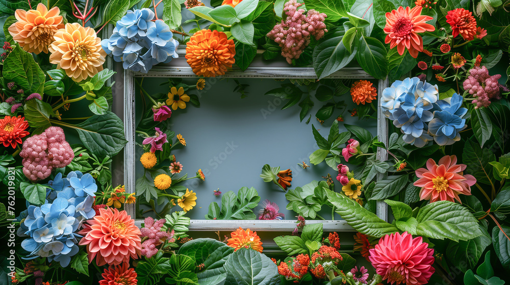 Fototapeta premium A wooden picture frame decorated with a few fresh flowers