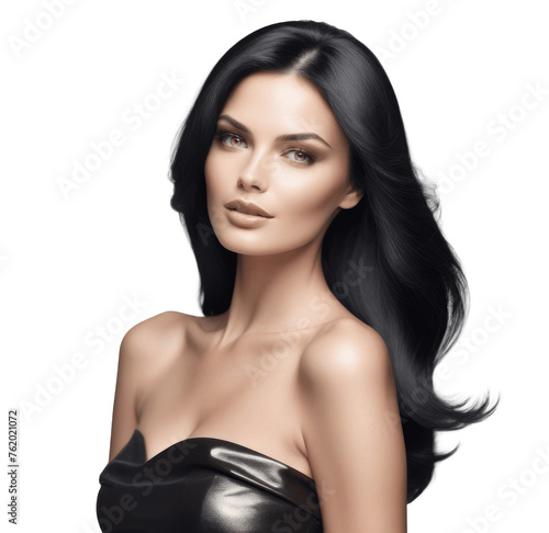 woman with long black and shiny hair, fashion, cosmetics and makeup isolated on transparent background