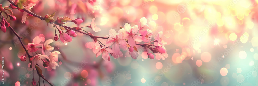 Spring background with pink cherry blossoms on blurred bokeh lights background. Springtime banner template, pink sakura Spring background with pink cherry blossoms on blurred bokeh lights background. Springtime banner template, pink sakura