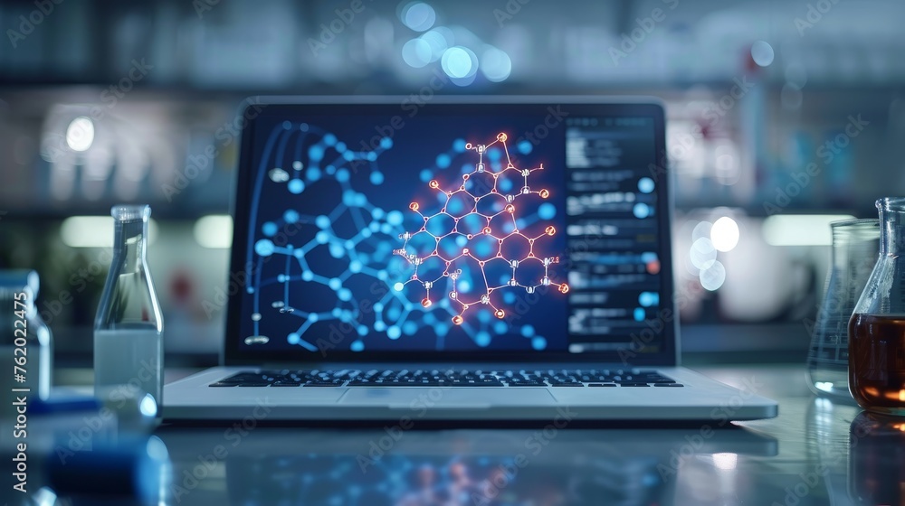 Digital visualization of molecular structure of breakthrough drug on laptop in laboratory