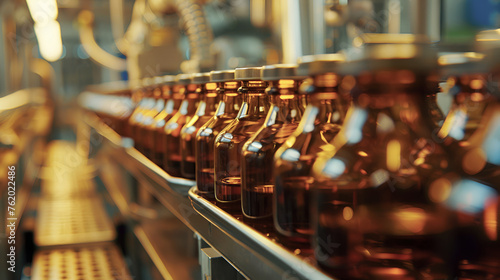 A line of bottles are being filled with a liquid. The bottles are brown and are lined up on a conveyor beltGenerative AI