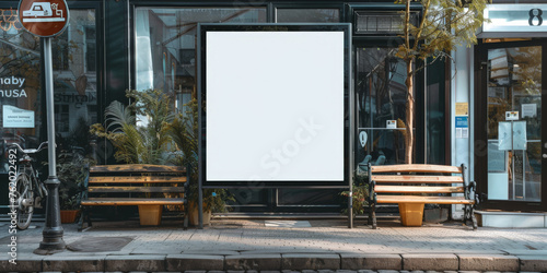 A blank white billboard  at bus stop on street, for advertising mockups and urban city concepts and presentations.Mock up Billboard Media Advertising Poster banner template at Bus Station city street photo