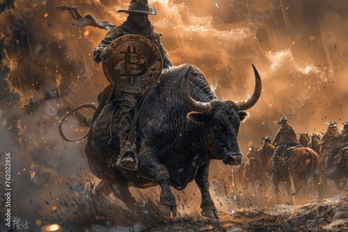 Men Riding Bulls in Rodeo photo