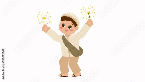 Happy Muslim Boy Holding Firework Animation