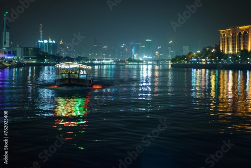Embark on a nighttime boat ride along a tranquil river, the city lights reflected in the calm waters as you glide silently through the darkness, Generative AI