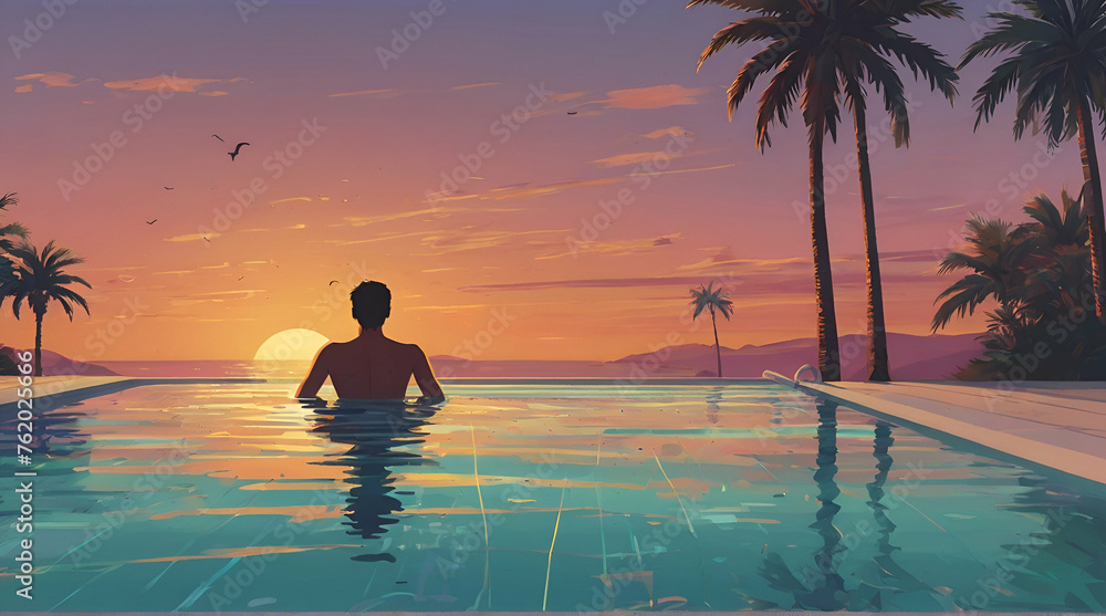 generative ai Black silhouette of asian woman splash water on summer vacation holiday relaxing in infinity swimming pool with blue sea sunset view. Healthy happiness lifestyle.