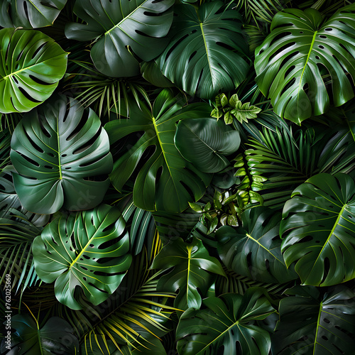 A vibrant tropical foliage and palm leaves backdrop, perfect for tropical-themed events, vacations, and weddings.
