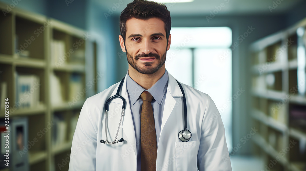 Portrait of a smiling man doctor with a stethoscope in a medical hospital with modern equipment. Portrait of a smiling man doctor with a stethoscope in a medical hospital with modern equipment.