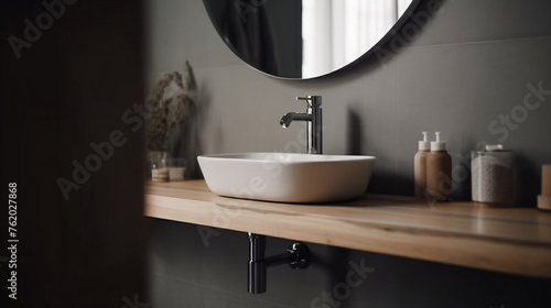 close-up of a modern white bathroom sink. Bathroom design, table with sink for advertising cosmetics, soap, plumbing fixtures.