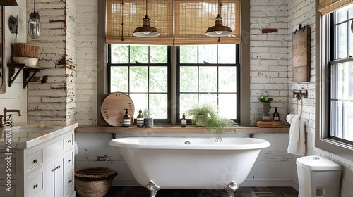 Rustic Elegance Farmhouse Bathroom Sanctuary Featuring Clawfoot Tub and Dual Vanity