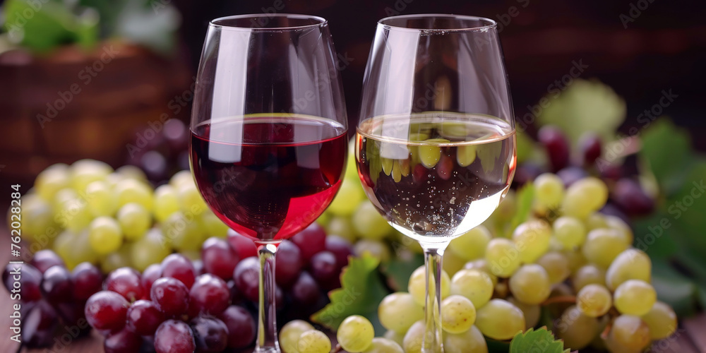 Glasses of red wine and white wine with grapes on a wooden table background