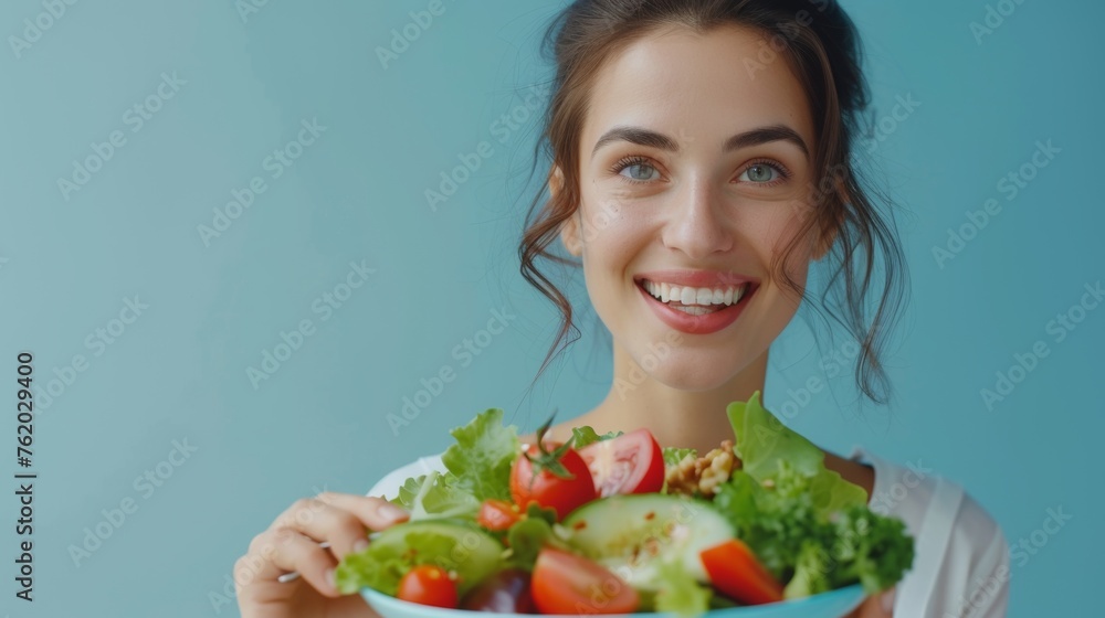 Diet, Dieting. Beautiful woman eat salad for weight loss, slim, good health. Female enjoy with nutrition, almonds, avocado, tomatoes, organic vegetable. Nutritionist healthy food. keto, vegetarian Diet, Dieting. Beautiful woman eat salad for weight loss, slim, good health. Female enjoy with nutrition, almonds, avocado, tomatoes, organic vegetable. Nutritionist healthy food. keto, vegetarian