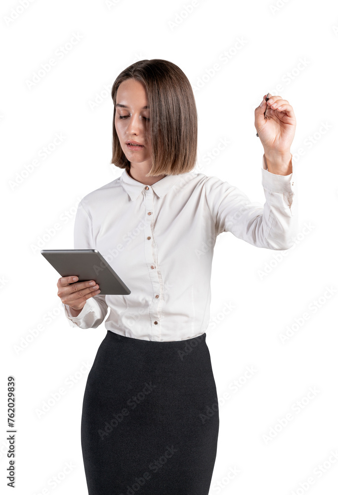 A businesswoman in formal wear holding a tablet on a white background. Professional attire and technology concept A businesswoman in formal wear holding a tablet on a white background. Professional attire and technology concept
