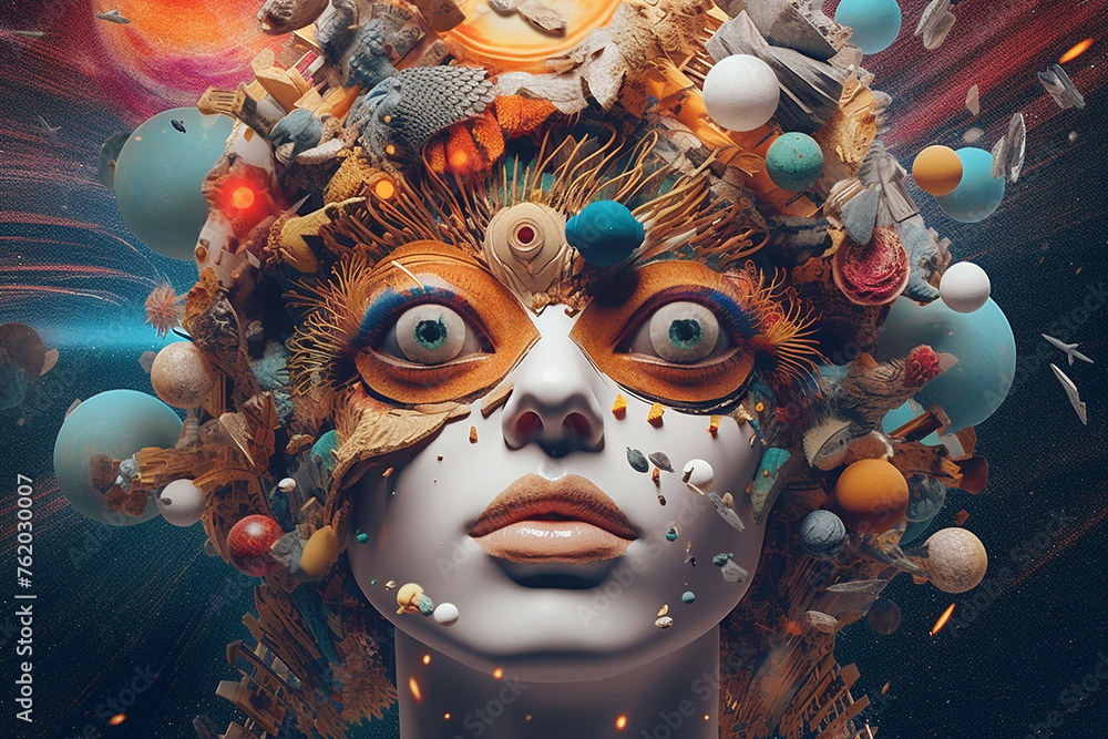 Abstract fine-art and pop-art illustration colorful collage of woman in surreal and abstract cosmic background. Surreal and minimalist looking illustrative art with many details and patterns Abstract fine-art and pop-art illustration colorful collage of woman in surreal and abstract cosmic background. Surreal and minimalist looking illustrative art with many details and patterns