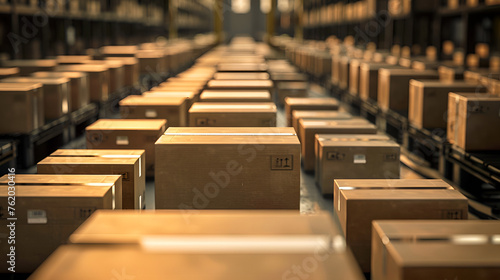 The carton boxes on the conveyor belt. warehouse with shelves and cardboard boxes, Packed courier delivery concept