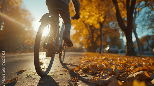 close up man riding a bicycle on a road in autumn, evening.