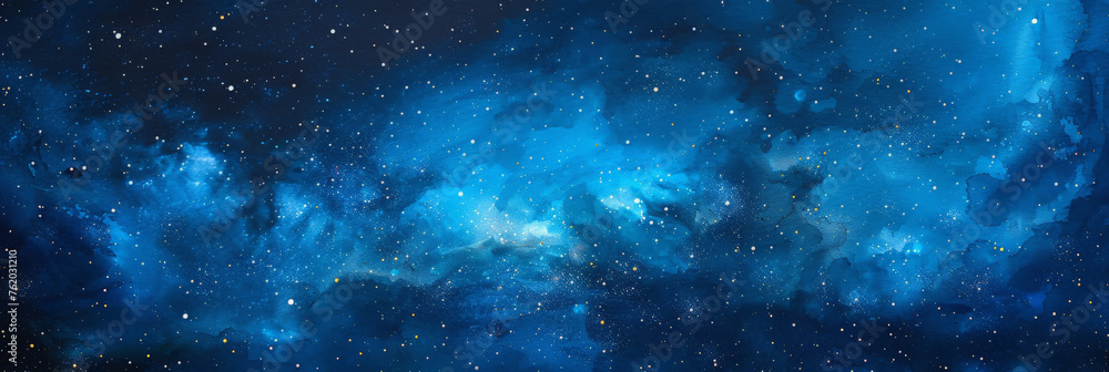  blue gradient watercolor Starry sky background, dark blue Watercolor  galaxy background with stars and nebulae, Blue watercolor space ,banner - obrazy, fototapety, plakaty 