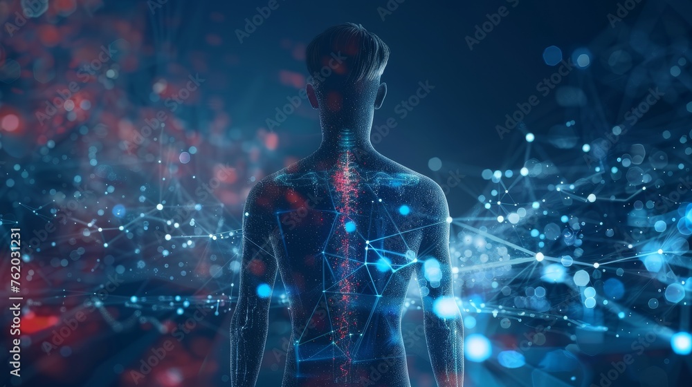 Human Body Back Pain: Augmented reality discomfort of spine trauma. - obrazy, fototapety, plakaty 