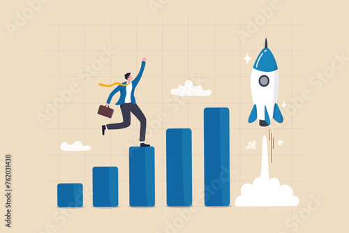 Boost rocket to business growing fast, investment growth, start or launch new business, innovation to boost success, rising up and improvement concept, businessman on growth chart launching rocket.