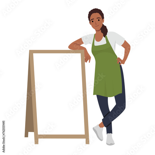 Small business owners standing welcoming with we are open written on a blackboard in front of a restaurant or coffee shop. Flat vector illustration isolated on white background