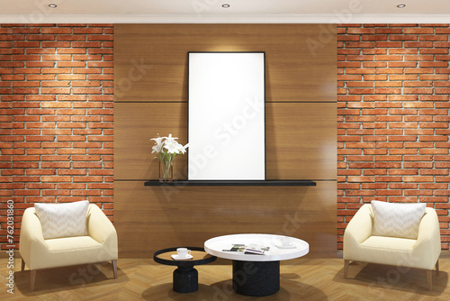 3d rendering interior scandinavian of guest room with wood panel, armchair, coffee table and frame mock up. Red brick wall and light wood panel background. Set 7 photo