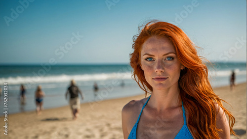 a beautiful woman with blue eyes and red hair wearing a bikini at the sunny beach © The A.I Studio