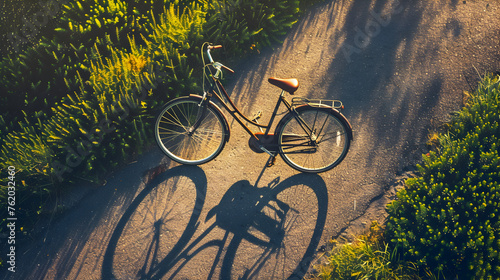 A top view of a bicycle parked on a path, casting a long shadow that stretches across the ground