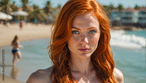 a beautiful woman with blue eyes and red hair wearing a bikini at the sunny beach © The A.I Studio