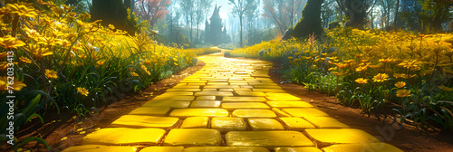 Yellow brick road leading to the enchanted springtime emerald city in oz - a fantasy world of magicians, majestic buildings and seasonal beauty. Suitable for fantasy-themed events and literature photo