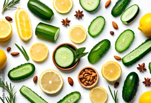 Homemade skin care with natural ingredients aloe vera, lemon, cucumber, himalayan salt, peppermint, rosemary, almonds, cucumber, ginger and honey pollen isolated on white background. 