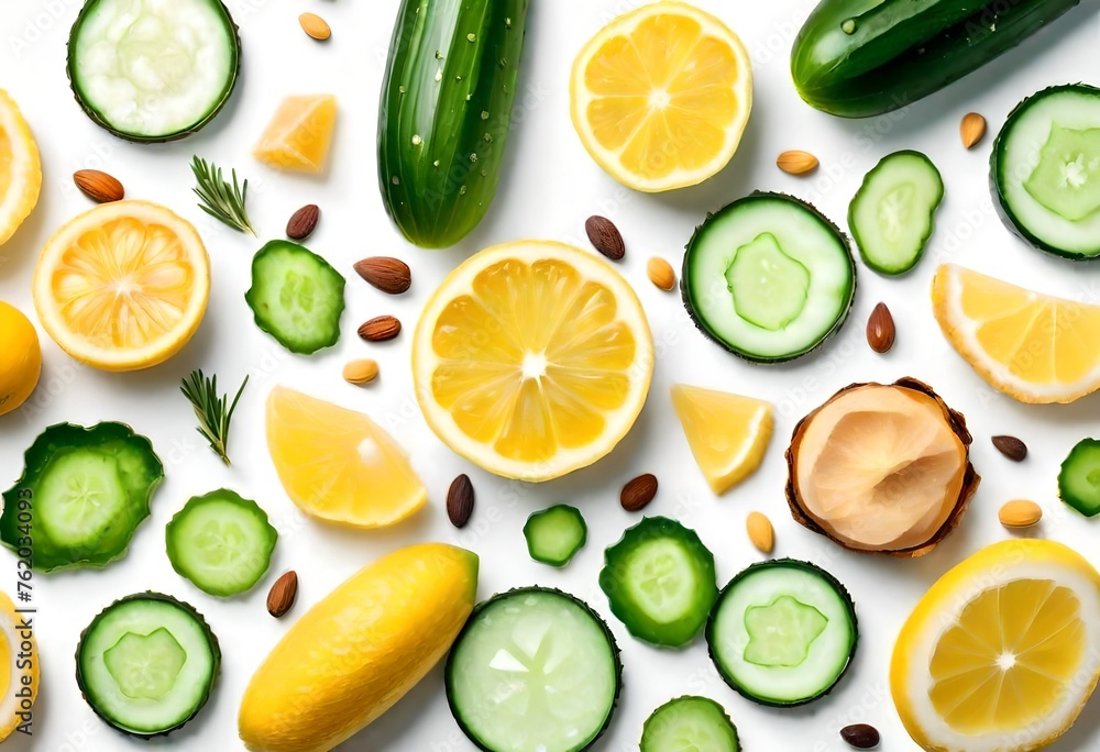 Homemade skin care with natural ingredients aloe vera, lemon, cucumber, himalayan salt, peppermint, rosemary, almonds, cucumber, ginger and honey pollen isolated on white background.  