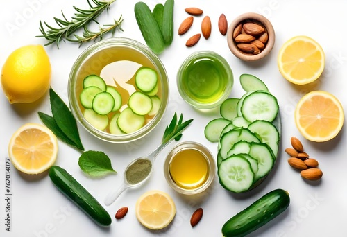 Homemade skin care with natural ingredients aloe vera, lemon, cucumber, himalayan salt, peppermint, rosemary, almonds, cucumber, ginger and honey pollen isolated on white background. 