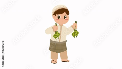 Cute Muslim Boy Holding Ketupat Animation