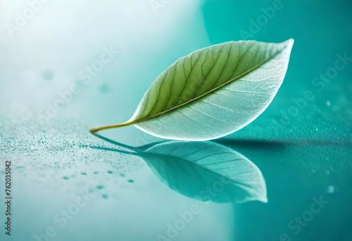 White transparent leaf on mirror surface with reflection on turquoise background macro. Artistic image of ship in water of lake. Dreamy image nature, free space  © Zoya