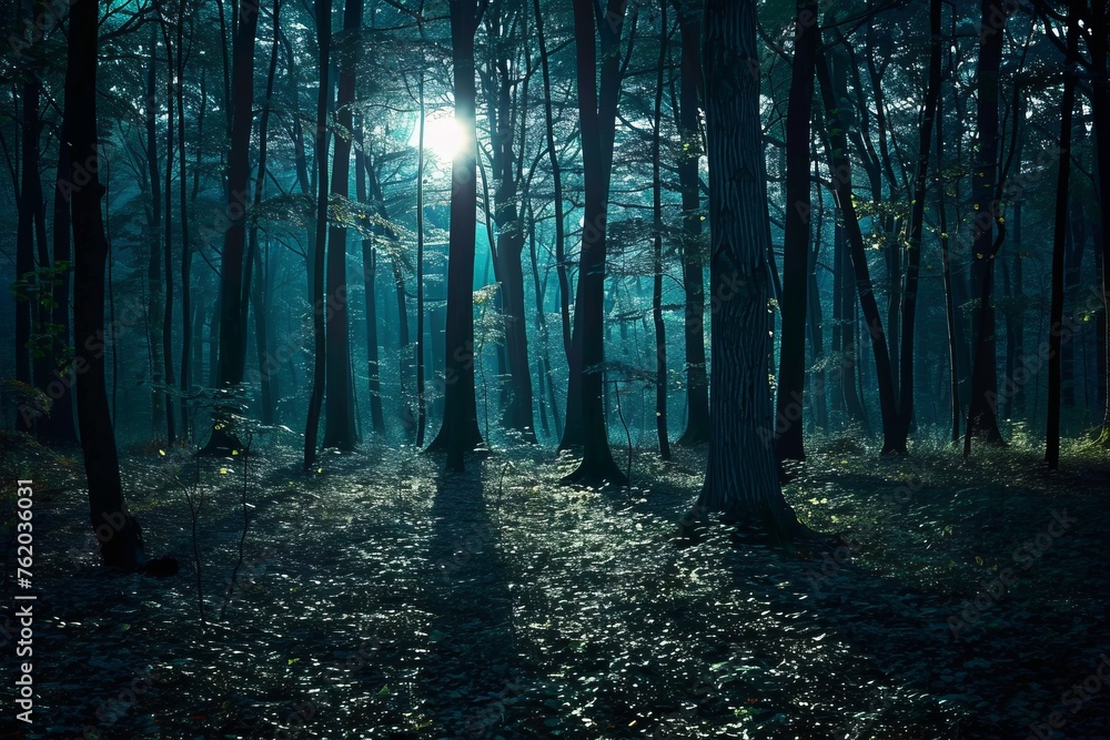 Fototapeta premium Wander through a moonlit forest, the trees casting long shadows across the forest floor as nocturnal creatures stir in the darkness, Generative AI