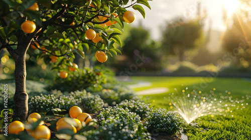 Automatic garden watering system with different rotating sprinklers installed on turf, landscape design with lawn and fruit garden irrigated with smart autonomous sprayers at sunset time photo
