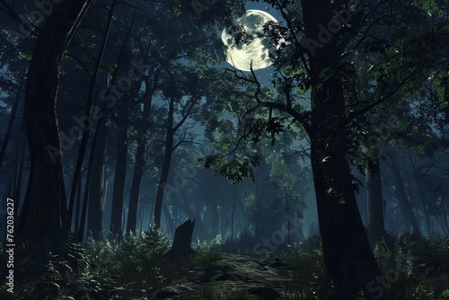 Wander through a moonlit forest, the trees casting long shadows across the forest floor as nocturnal creatures stir in the darkness, Generative AI