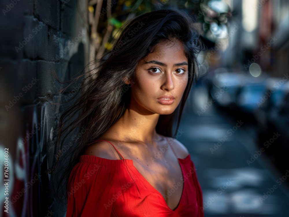 Fototapeta premium Confident latina woman portrait with a city backdrop