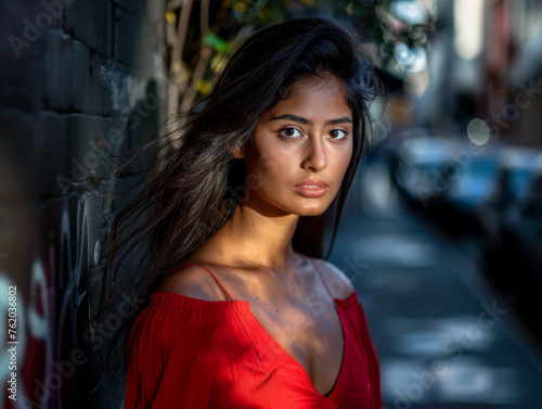Confident latina woman portrait with a city backdrop