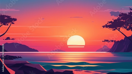 A serene landscape of a breathtaking sunset over the ocean, reflecting vibrant hues on the water. Ideal for conveying tranquility and natural beauty © Thilina Sandakelum