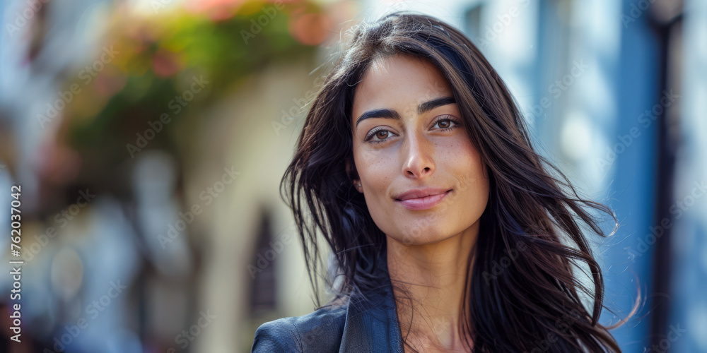Obraz premium Confident latina woman portrait with a city backdrop