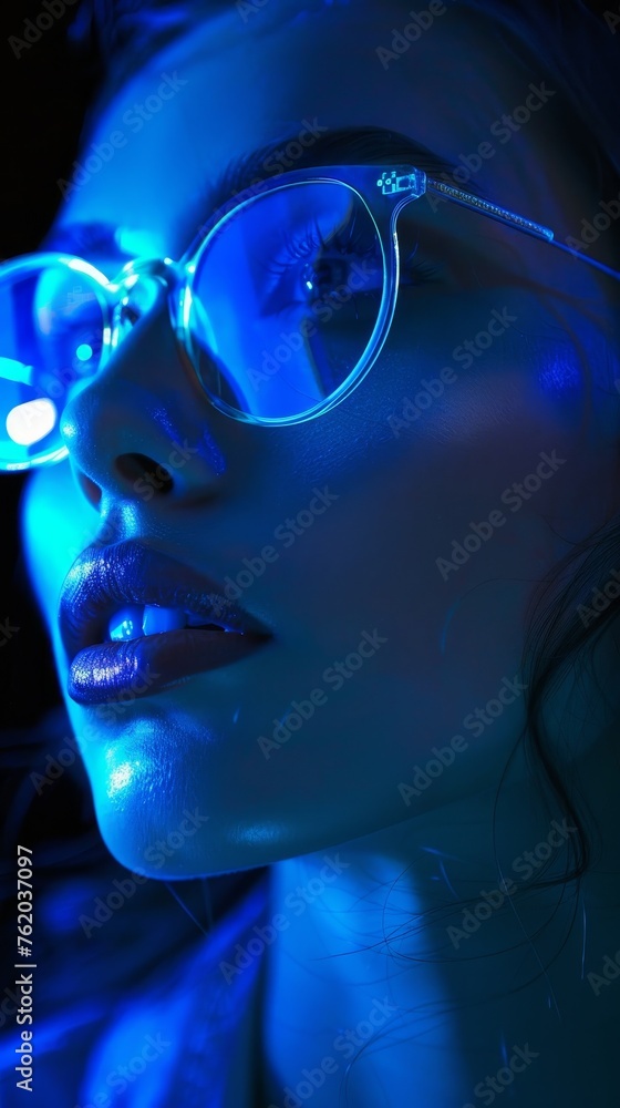 Close-up of a person's face illuminated by screen light, wearing glasses to protect against blue light, concept of digital eye strain Close-up of a person's face illuminated by screen light, wearing glasses to protect against blue light, concept of digital eye strain