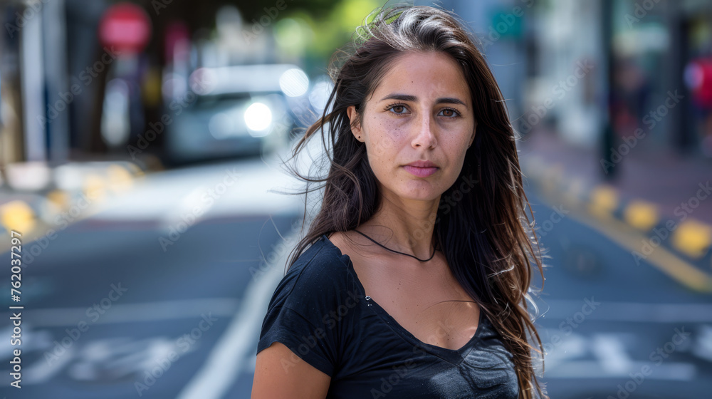 Fototapeta premium Confident latina woman portrait with a city backdrop