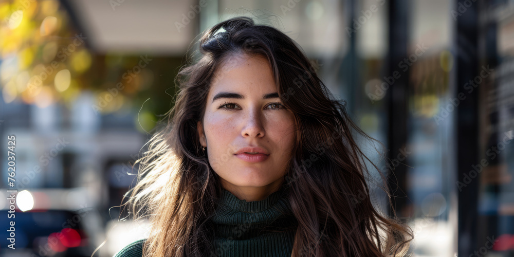 Confident latina woman portrait with a city backdrop Confident latina woman portrait with a city backdrop