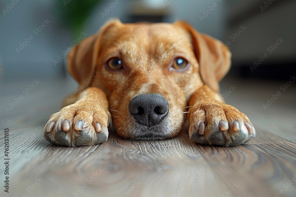 A brown dog rests its head on the floor, gazing up with soulful eyes, expressing trust and companionship in a homely setting